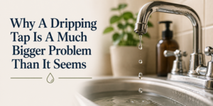 A close-up of a dripping tap over a kitchen sink, with text reading, Why A Dripping Tap Is A Much Bigger Problem Than It Seems. A plant and soap dispenser are in the background.