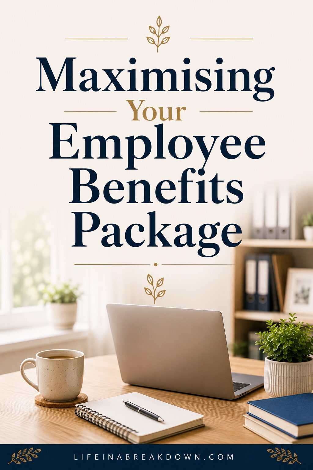 A desk with a laptop, notebook, pen, and coffee mug, with large text reading Maximising Your Employee Benefits Package and the website LIFEINABREAKDOWN.COM at the bottom.