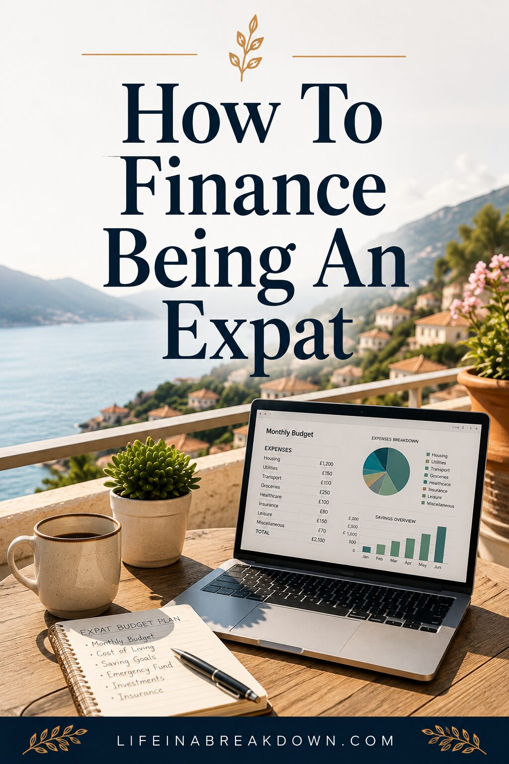 A laptop showing a monthly budget graph sits on a table with a notepad, pen, coffee, and a potted plant, overlooking a scenic coastal view. Text: How To Finance Being An Expat..