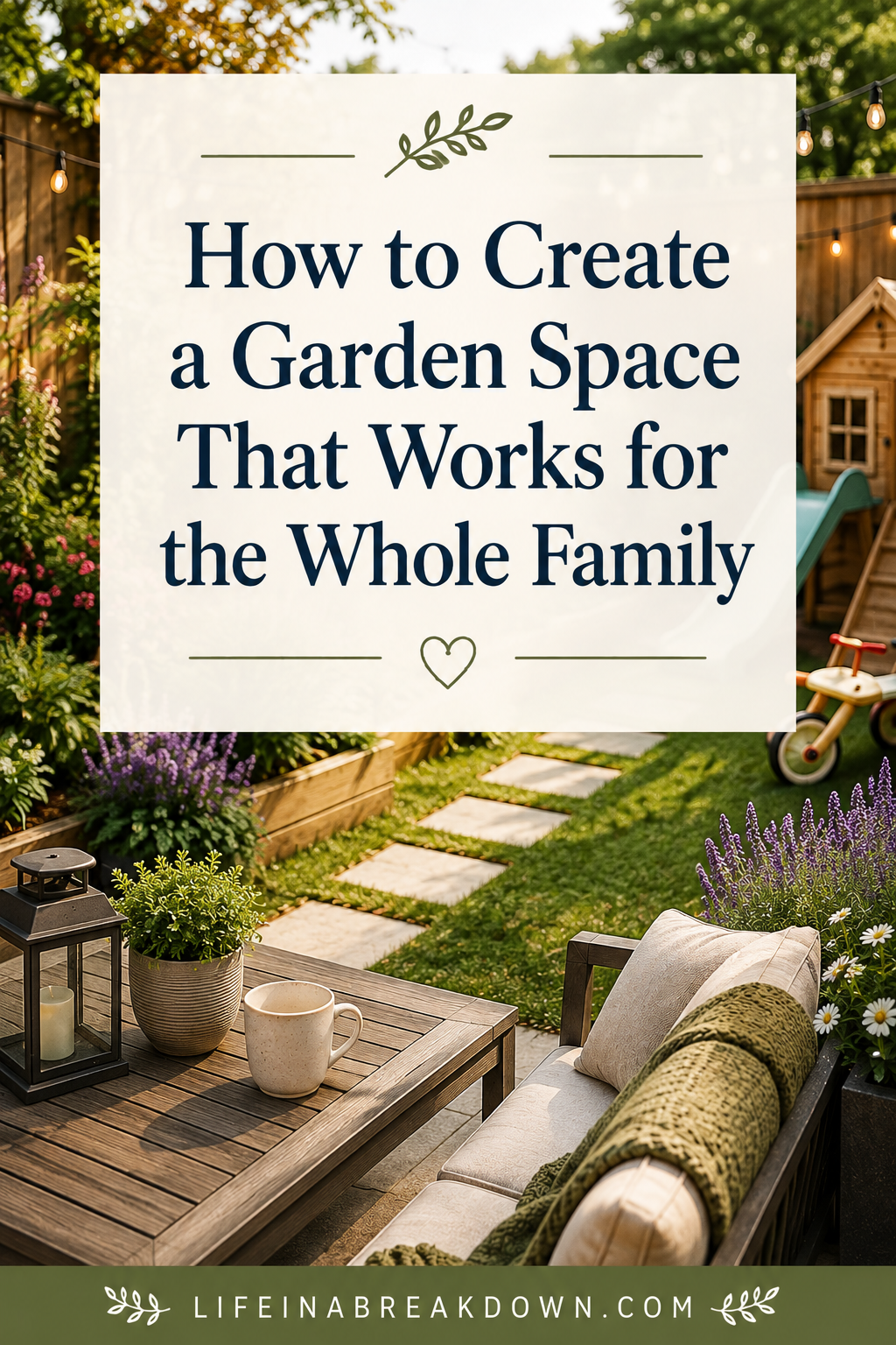 A cosy garden with a sofa, potted plants, a lantern, flowers, and a playhouse. Text overlay reads: How to Create a Garden Space That Works for the Whole Family.