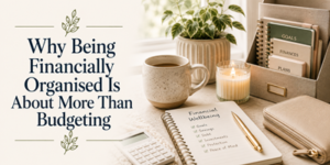 A desk with a coffee mug, candle, calculator, and notebook titled Financial Wellbeing. Text on the image reads: Why Being Financially Organised Is About More Than Budgeting. Files labelled Goals, Finances, and Plans.