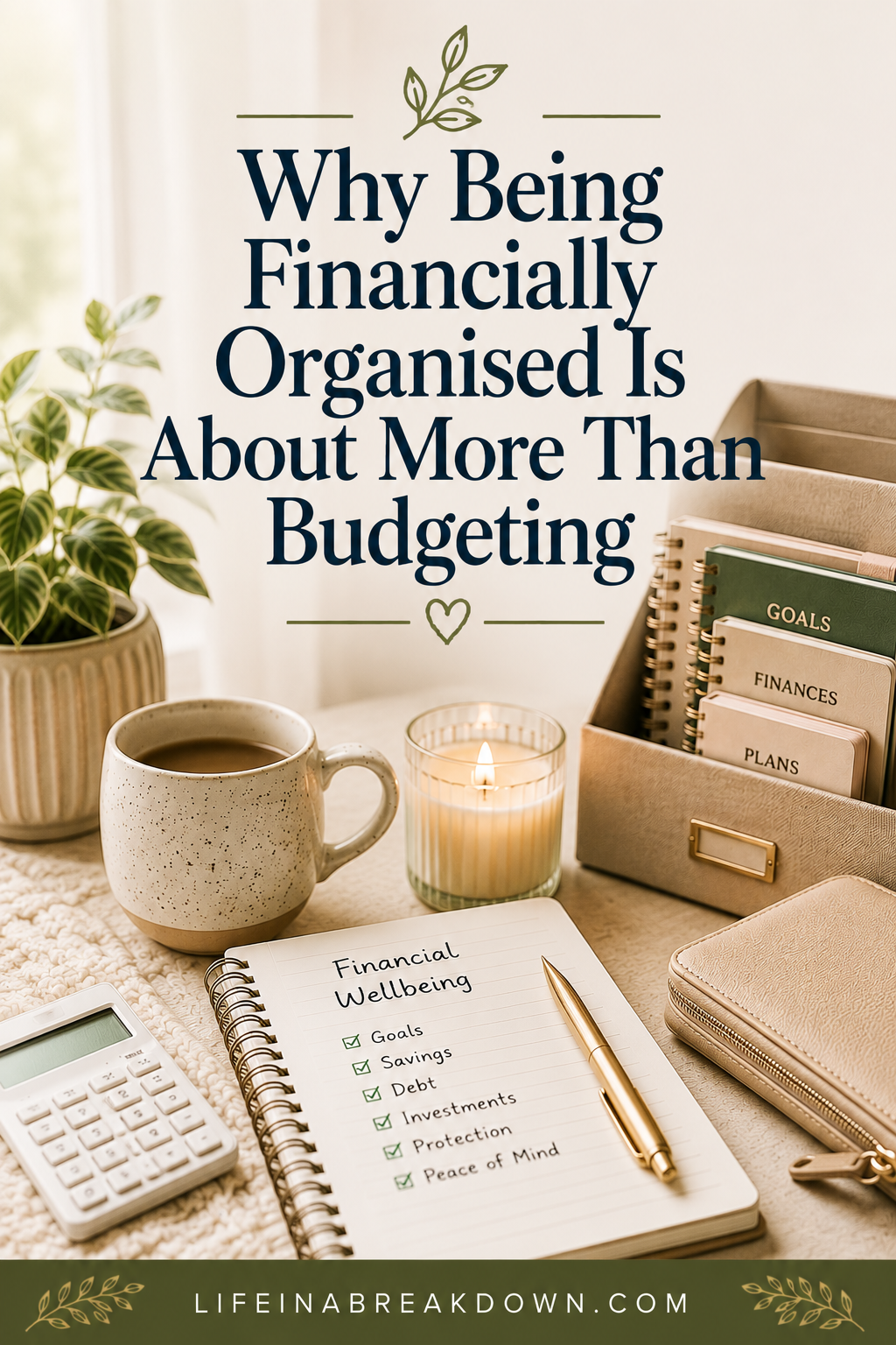 A cosy workspace with coffee, candle, calculator, and notepad listing financial wellbeing tips; folders labelled goals, finances, and plans; headline reads, Why Being Financially Organised Is About More Than Budgeting..