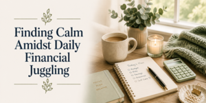 A cosy workspace with a notebook, calculator, coffee, glasses, candle, plant, and a jumper. The notebook lists a daily plan, and text reads Finding Calm Amidst Daily Financial Juggling.