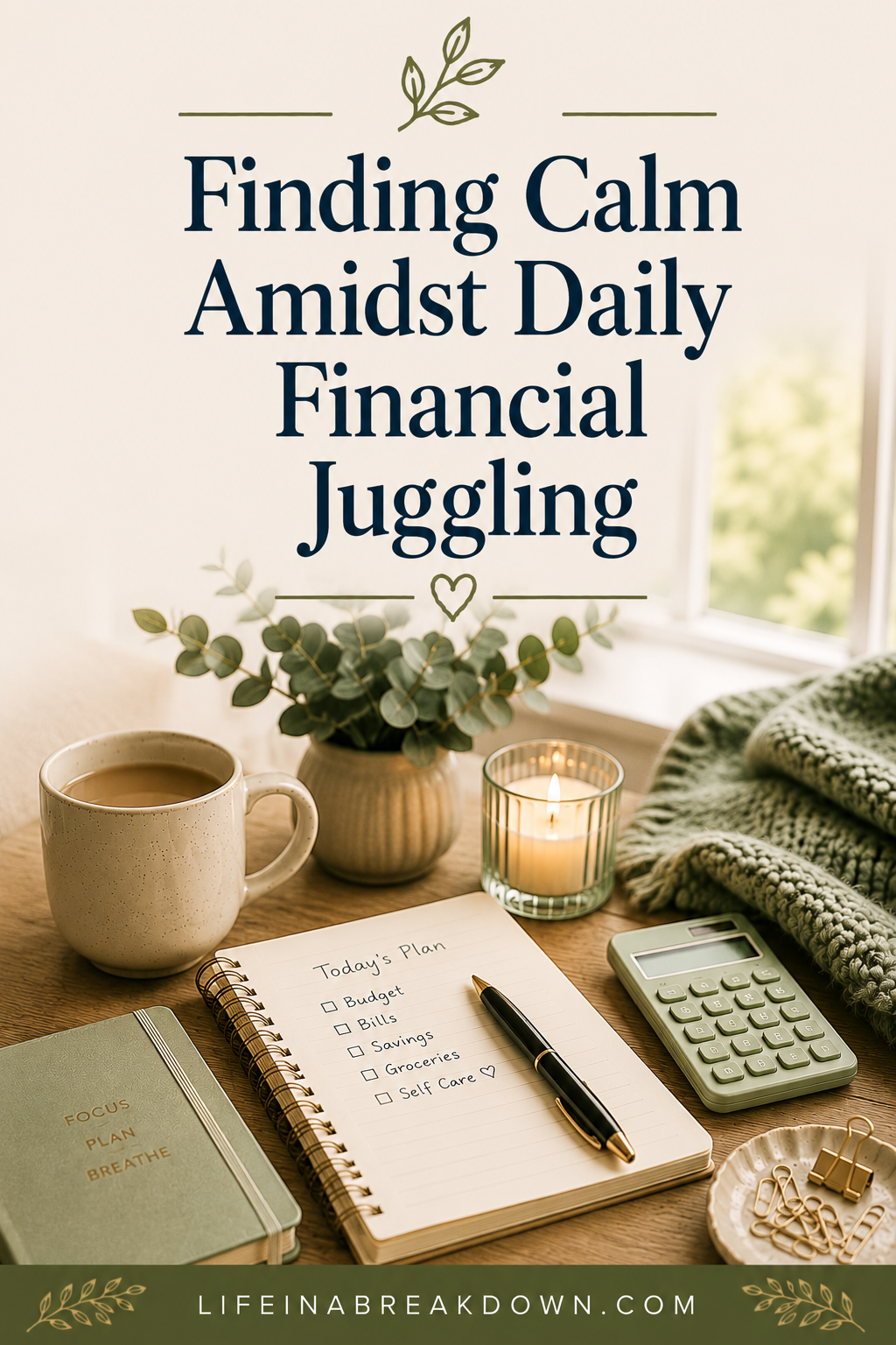 Notebook, pen, coffee, plant, green calculator, and cosy blanket on a wooden table by a window. Text reads: Finding Calm Amidst Daily Financial Juggling. A to-do list is also visible.