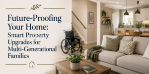 Modern living room and kitchen with a wheelchair by the stairs, highlighting accessible design. Text reads: Future-Proofing Your Home: Smart Property Upgrades for Multi-Generational Families.