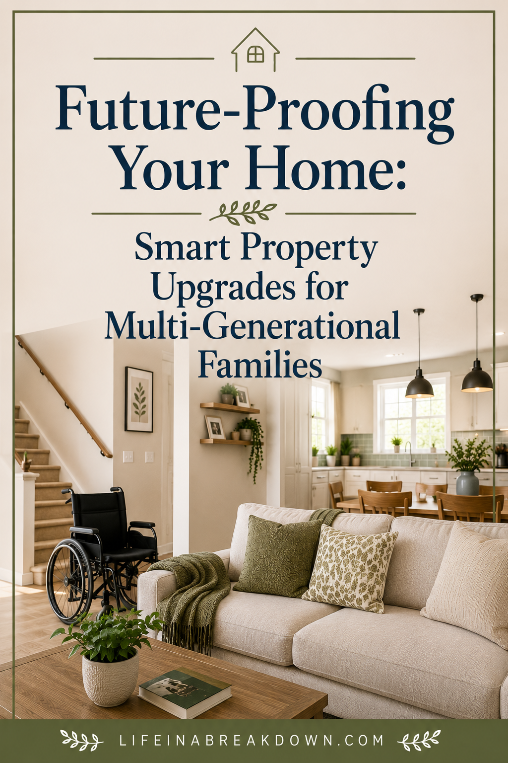 A modern living room with a green sofa, a wheelchair by the stairs, and a kitchen in the background. Text reads: Future-Proofing Your Home: Smart Property Upgrades for Multi-Generational Families.