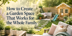 Sunny back garden with seating, toys, and a playhouse. Text reads, How to Create a Garden Space That Works for the Whole Family. Cosy cushions and green plants add a welcoming feel.