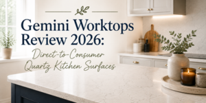A modern kitchen with quartz worktops, white cupboards, potted plants, and candles. Text overlay reads: Gemini Worktops Review 2026: Direct-to-Consumer Quartz Kitchen Surfaces..