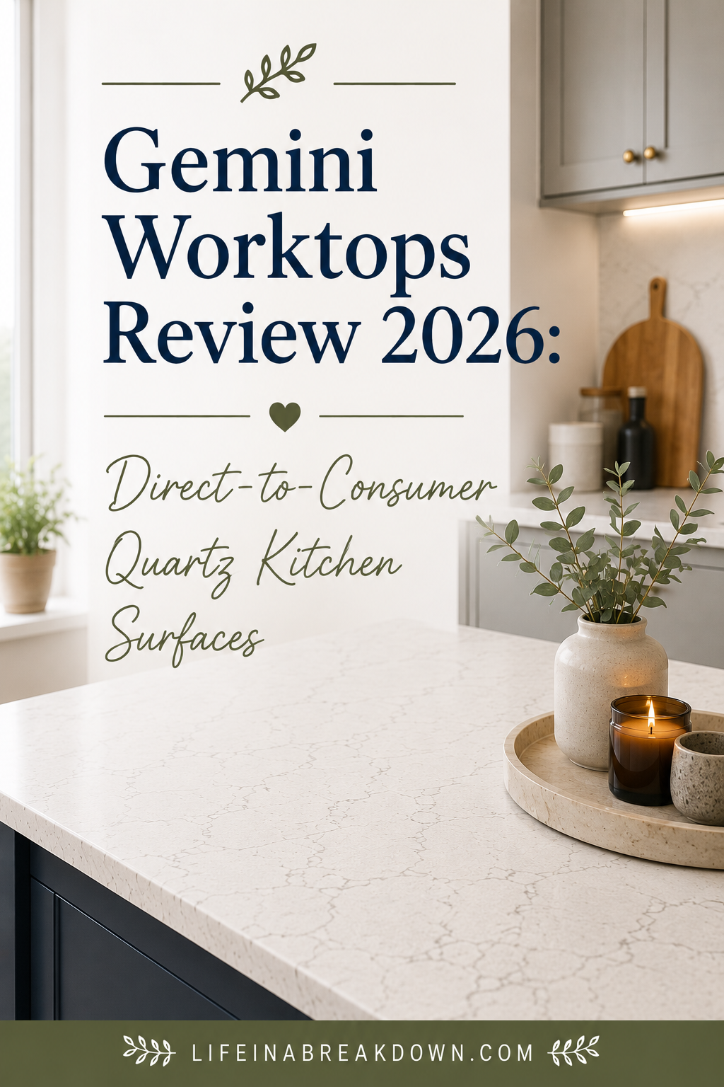 A modern kitchen with light quartz worktops, a wooden tray holding candles and a plant, and the text: Gemini Worktops Review 2026: Direct-to-Consumer Quartz Kitchen Surfaces. lifeinabreakdown.com..