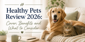 A golden retriever and a tabby cat relax on a cosy sofa. Text reads, Healthy Pets Review 2026: Cover, Benefits and What to Consider. A mug, notebooks, and plant are nearby.
