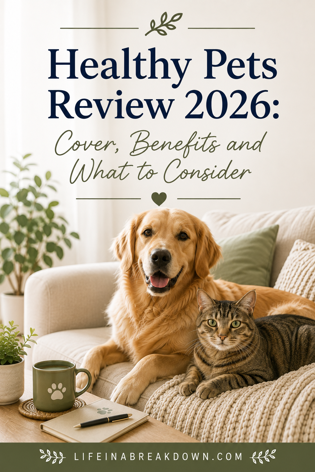 A golden retriever and a tabby cat sit together on a beige sofa with houseplants and a green mug nearby. Text on the image reads, Healthy Pets Review 2026: Cover, Benefits and What to Consider.
