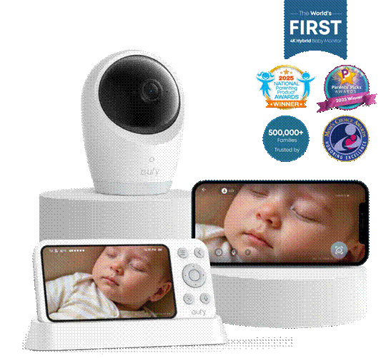 Baby monitor system with camera and two screens displaying a sleeping baby. Award badges and a World's First 4K Hybrid View Monitor label are shown. The image highlights product quality and popularity.