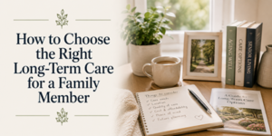 A desk with a mug, notebook, and books on long-term care by a window. Text reads, How to Choose the Right Long-Term Care for a Family Member.