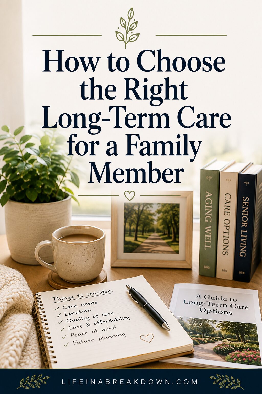 A desk scene with a notepad titled Things to consider for long-term care, featuring a mug, three books labelled Ageing Well, Care Options, and Senior Living, a guide, and the text How to Choose the Right Long-Term Care for a Family Member.