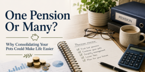 A notebook with Pension review checklist, pen, glasses, coffee cup, and a folder labelled PENSION on a desk, with text: One Pension Or Many? Why Consolidating Your Pots Could Make Life Easier..
