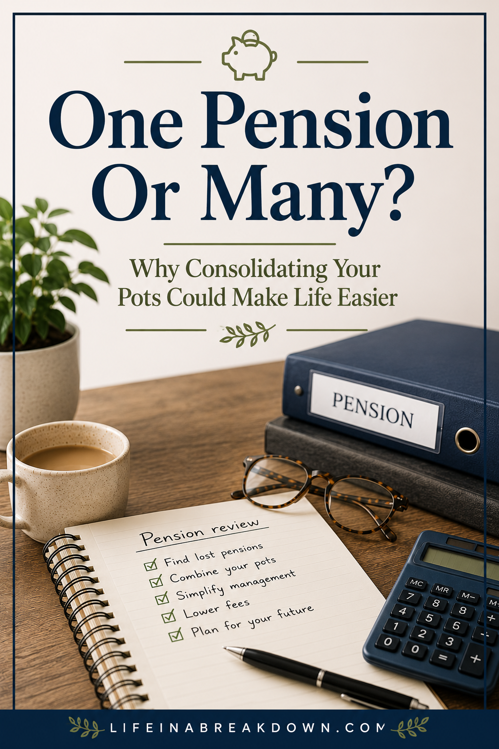 A desk with a notepad labelled Pension review, a pen, glasses, a coffee cup, a plant, a calculator, and a binder labelled Pension. Text on image discusses consolidating pensions.