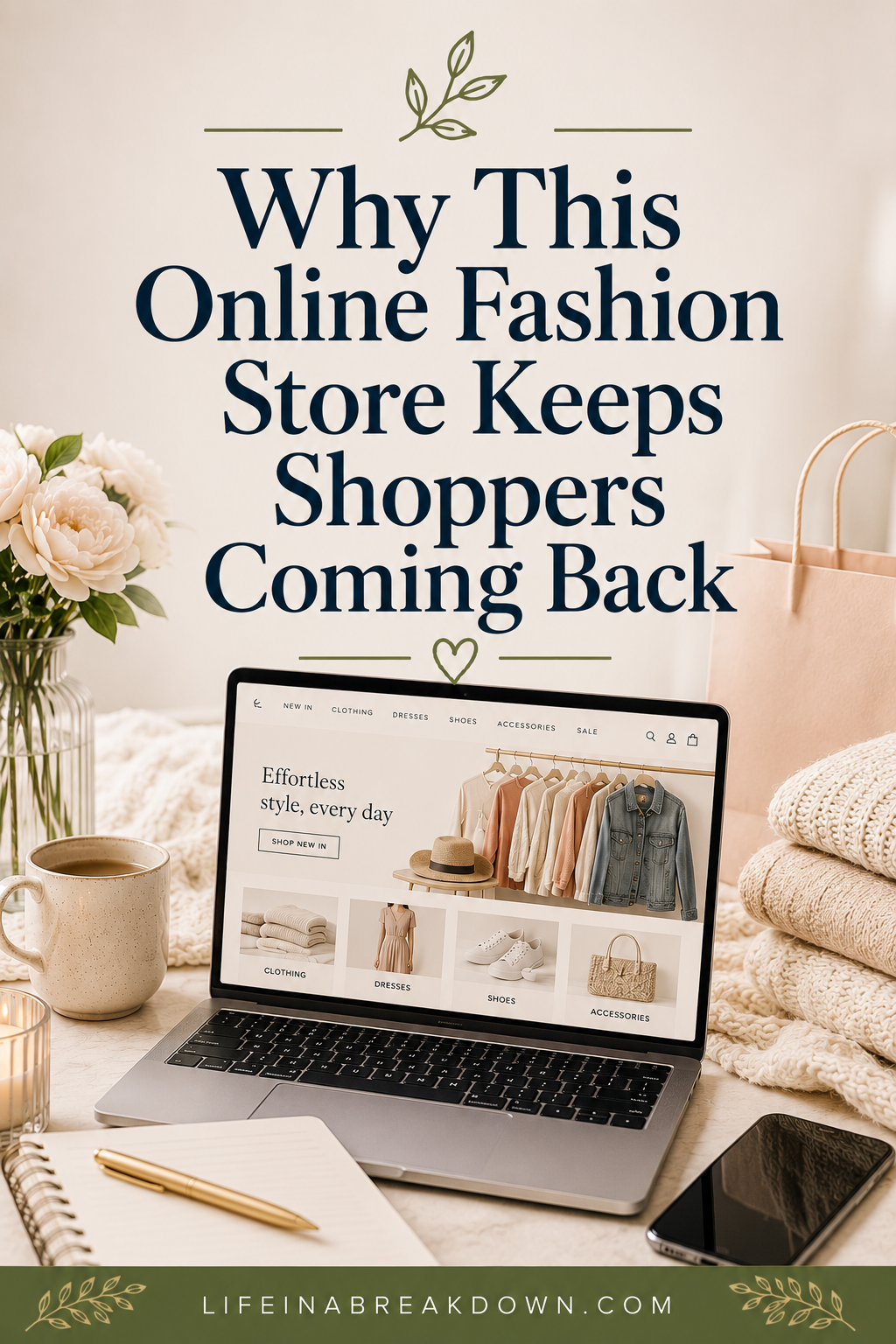 A laptop displaying an online fashion shop sits on a desk with flowers, a notebook, and a handbag. Text reads: Why This Online Fashion Shop Keeps Shoppers Coming Back..