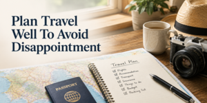 A desk with a world map, a passport, camera, coffee cup, hat, and a notebook with a handwritten travel plan. Text reads: Plan Travel Well To Avoid Disappointment.