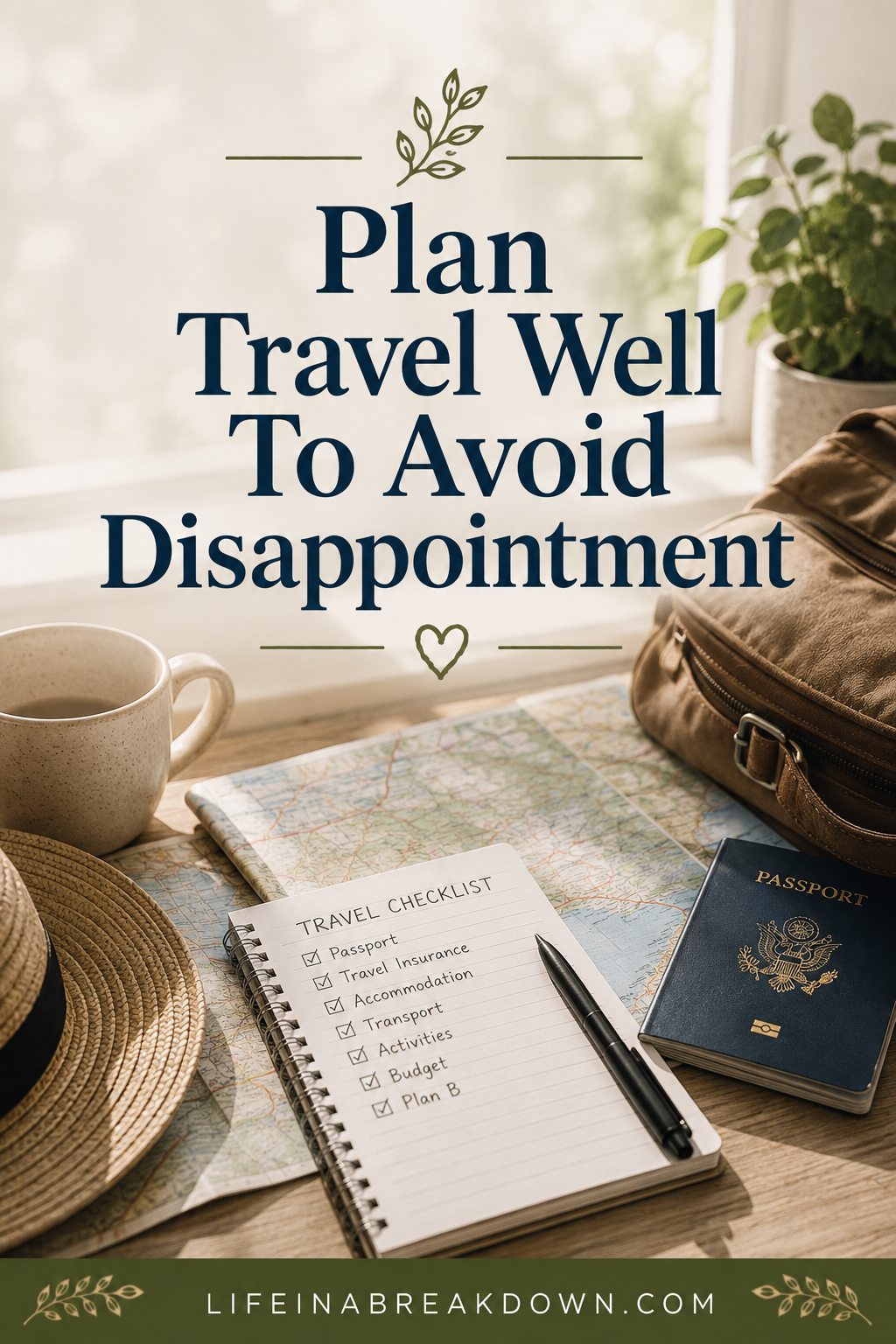A travel scene with a mug, hat, map, US passport, and a notebook with a travel checklist on a table, next to a window. Text reads: Plan Travel Well To Avoid Disappointment.