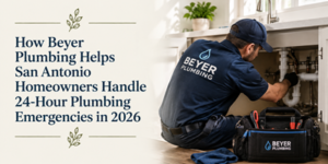 A plumber in a Beyer Plumbing uniform repairs pipes under a kitchen sink. Text explains Beyer Plumbing helps San Antonio homeowners with 24-hour plumbing emergencies in 2026.