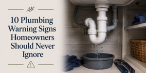A leaking pipe under a sink drips water into a pan, with text: 10 Plumbing Warning Signs Homeowners Should Never Ignore. Towels, a spanner, and a basket sit nearby.