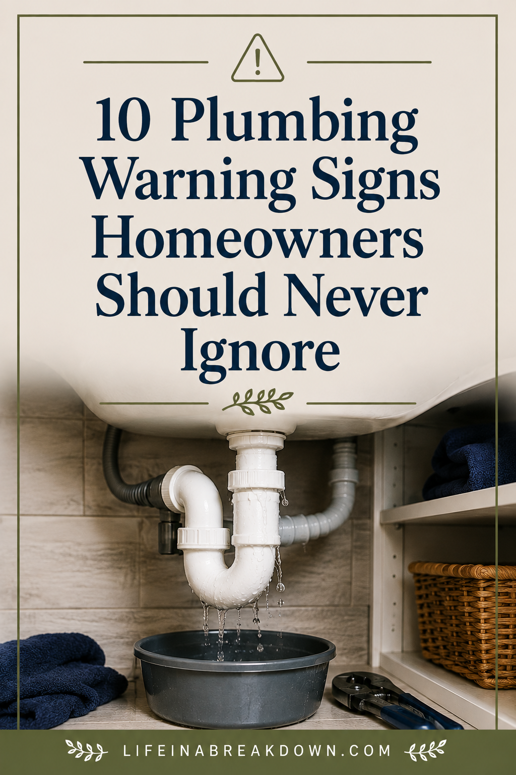 A leaking pipe under a sink with water dripping into a bucket, surrounded by towels and shelving. Text reads: 10 Plumbing Warning Signs Homeowners Should Never Ignore.