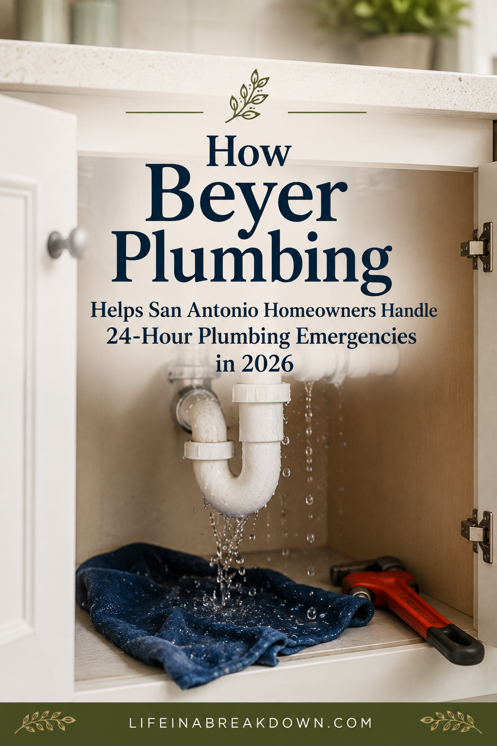 A kitchen sink cupboard with a leaking pipe, water dripping onto towels and a red spanner. Text overlay promotes Beyer Plumbing's 24-hour emergency services in San Antonio for 2026.