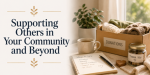 A box labelled Donations, a jar marked Thank you, a mug, and a notepad with a list of ways to help sit on a table. Text reads, Supporting Others in Your Community and Beyond..