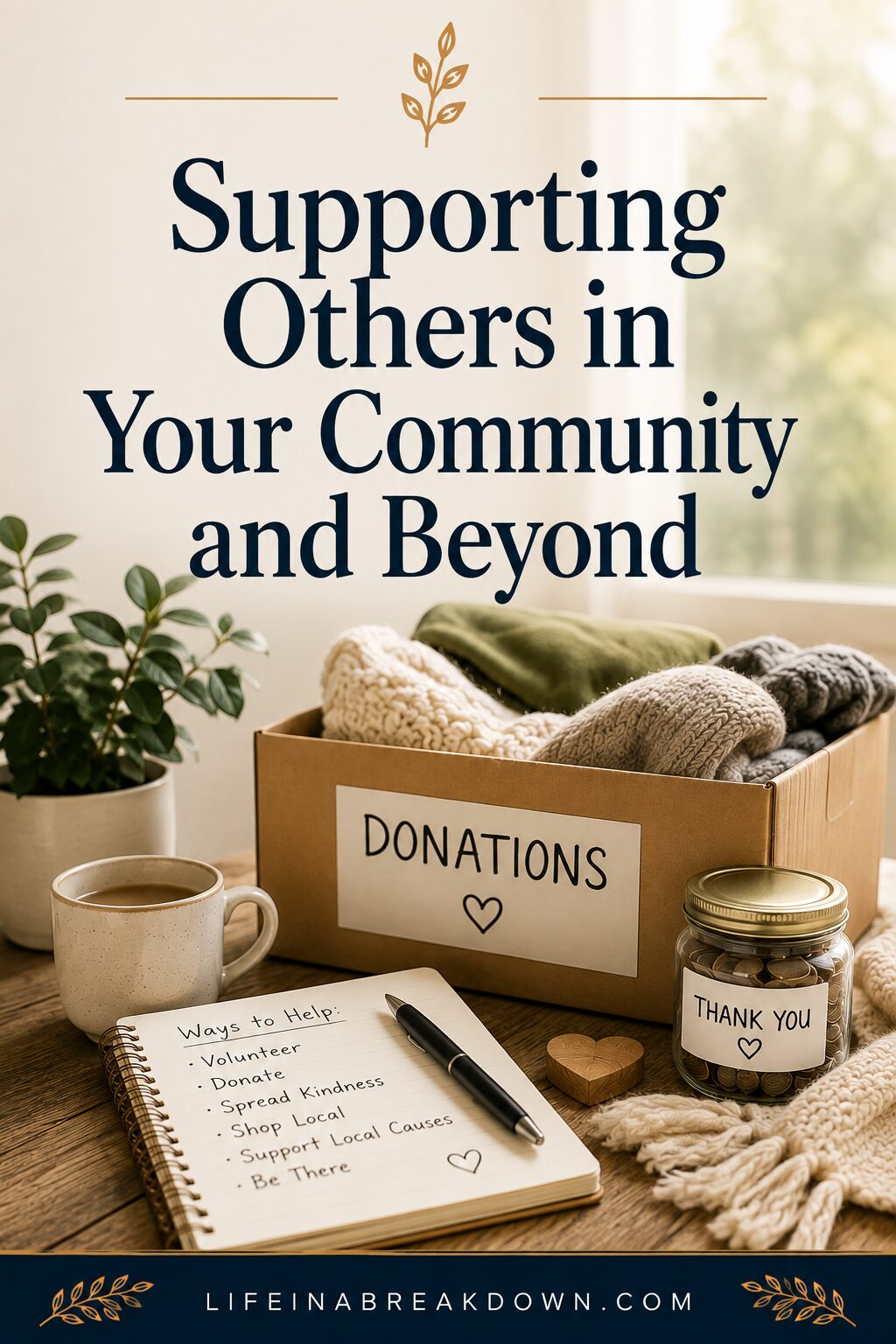 A box labelled Donations with clothes, a jar labelled Thank You, a notebook listing ways to help, a mug, and a pen on a table, promoting community support and kindness.
