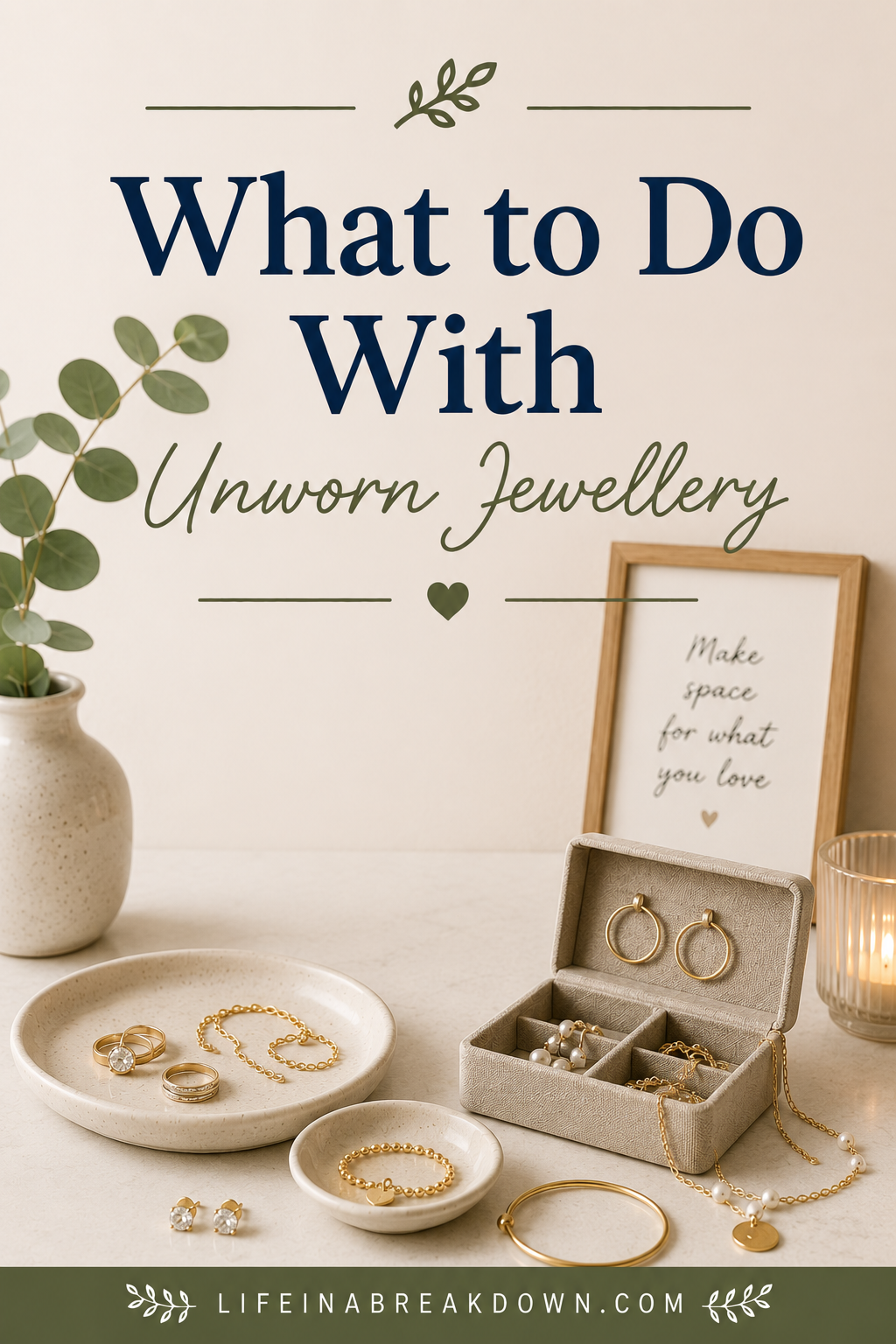 A display of gold jewellery on ceramic dishes and a box, with a framed quote and plants in the background. Text reads: What to do with unworn jewellery..