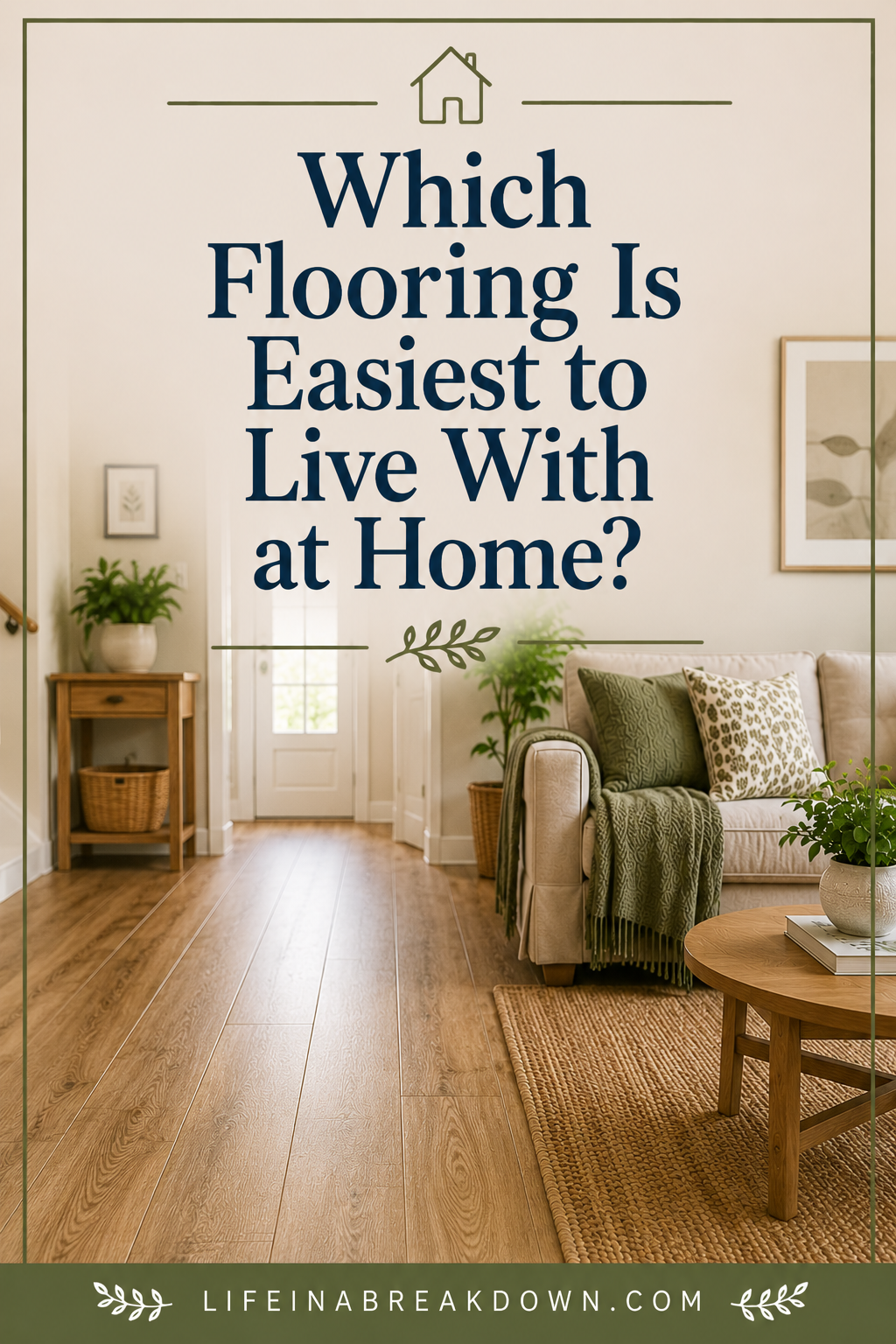 A cosy living room with wood flooring, a sofa with green cushions and blanket, a round coffee table, plants, wall art, and large text asking, Which Flooring Is Easiest to Live With at Home?.