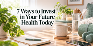 A desk with a notebook, pen, mug, water bottle, candles, green dumbbells, and potted plants. Text reads: 7 Ways to Invest in Your Future Health Today. Bright, cosy setting with natural light.