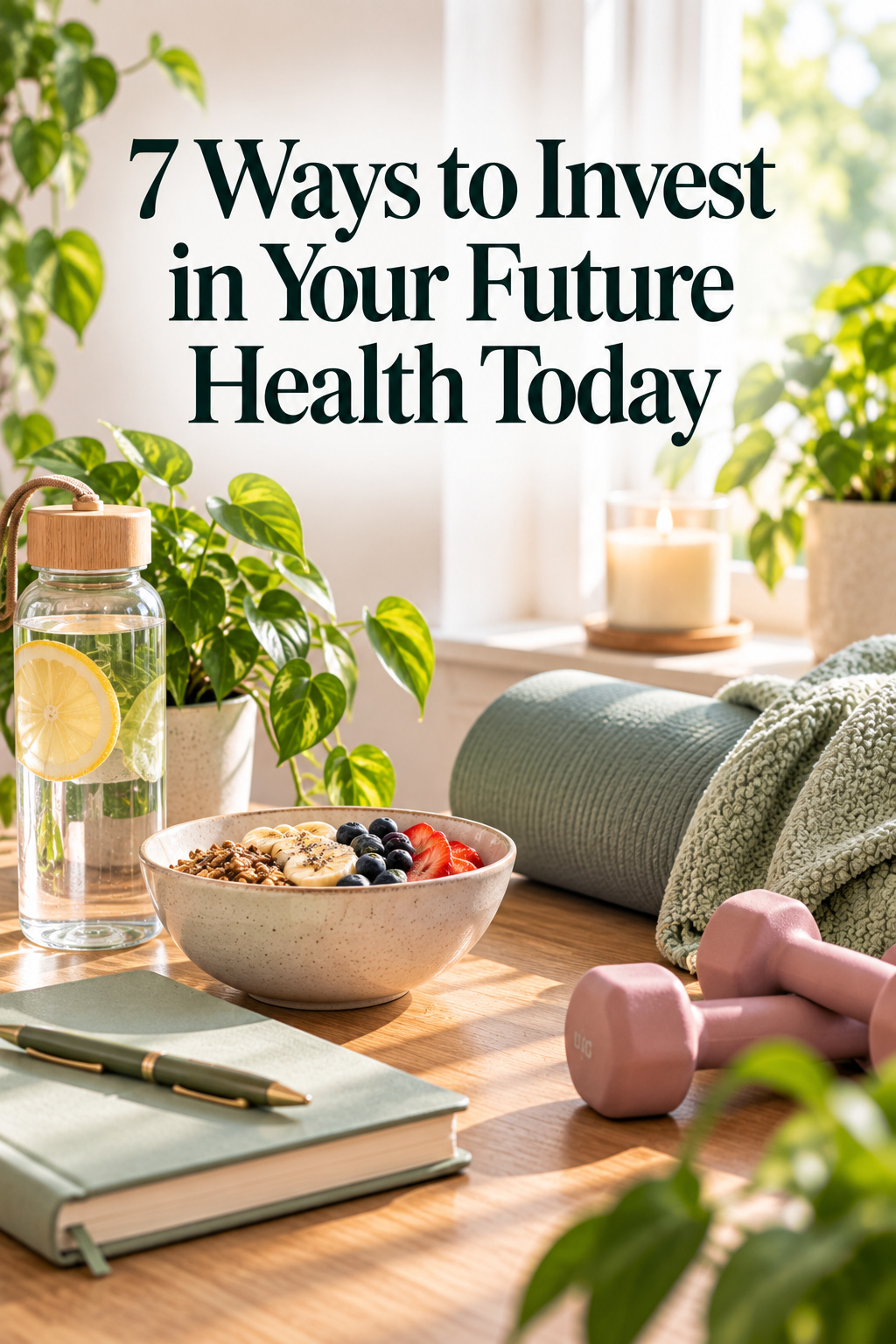 A bowl of granola and fruit, a water bottle with lemon, a notebook, pink dumbbells, and a green towel are on a sunlit table, with text reading 7 Ways to Invest in Your Future Health Today.
