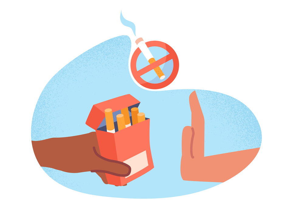 An outstretched hand offers a packet of cigarettes while another hand gestures stop. A no-smoking symbol with a cigarette appears above.
