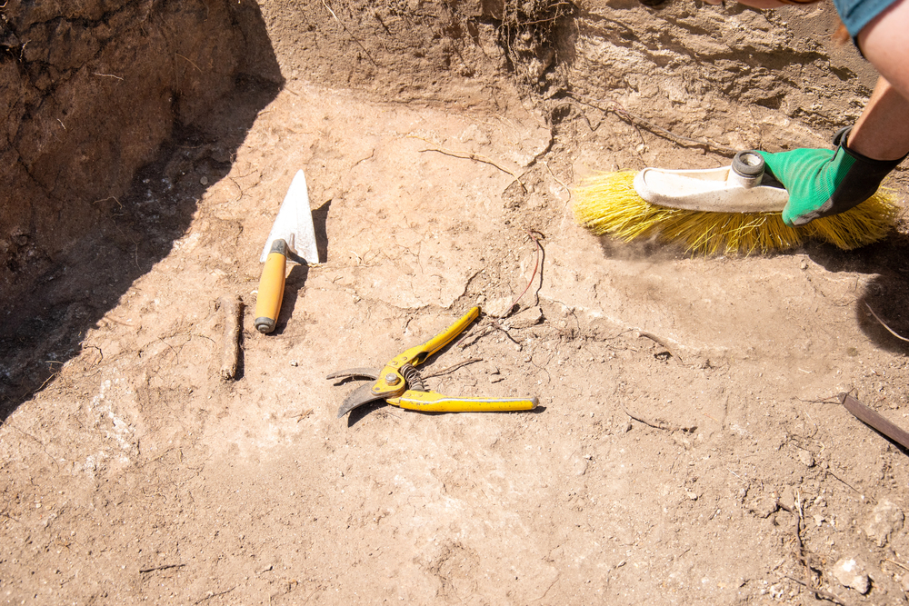 A person uses a yellow brush to clean an archaeological dig site. Nearby are a trowel, pliers, and a stick partially buried in the soil.