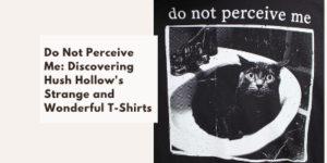 A black-and-white photo of a cat sitting in a sink with the words do not perceive me above it. Text to the left reads: Do Not Perceive Me: Discovering Hush Hollows Strange and Wonderful T-Shirts..