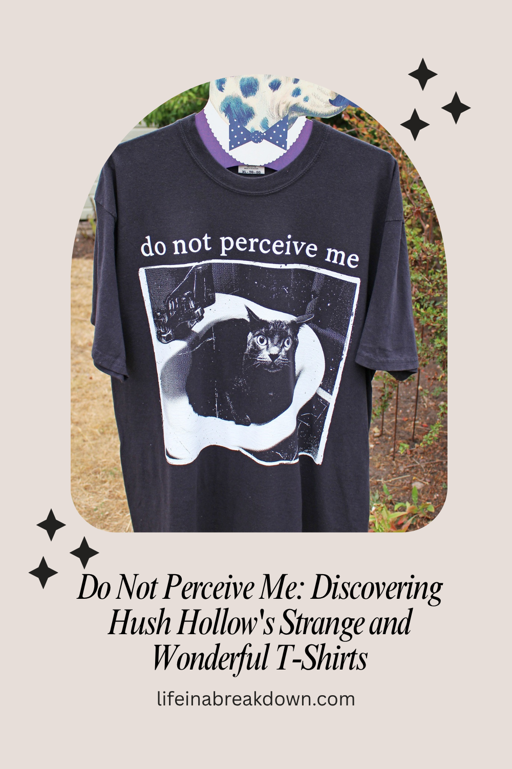 A black T-shirt with do not perceive me and a photo of a surprised cat inside a hand frame, hanging outdoors. Text below reads: Do Not Perceive Me: Discovering Hush Hollows Strange and Wonderful T-Shirts.