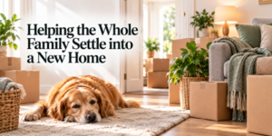 Golden retriever lies on a rug amid moving boxes and plants in a sunlit living room. Text reads: Helping the Whole Family Settle into a New Home.