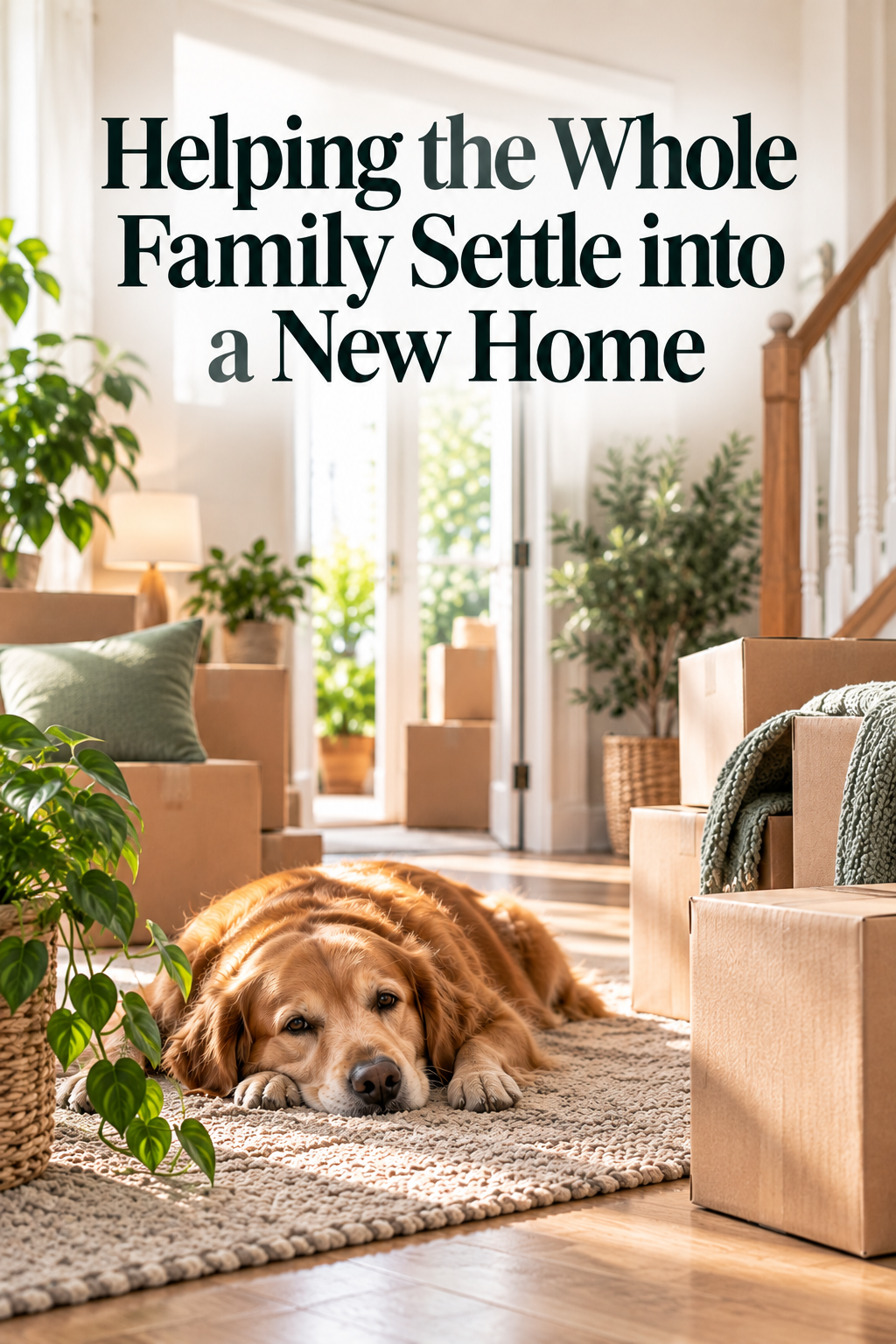 A golden retriever lies on a rug among moving boxes in a sunlit home. Text reads, Helping the whole family settle into a new home. Green plants and stairs are visible in the background.