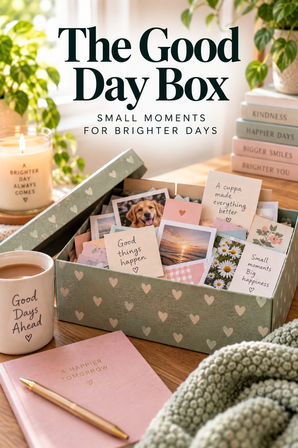 A box labelled Good Day Box is filled with uplifting notes and photos, alongside a mug, a candle, stacked books, and a cosy blanket on a table, creating the inviting and cheerful atmosphere that makes every day feel like a Good Day.
