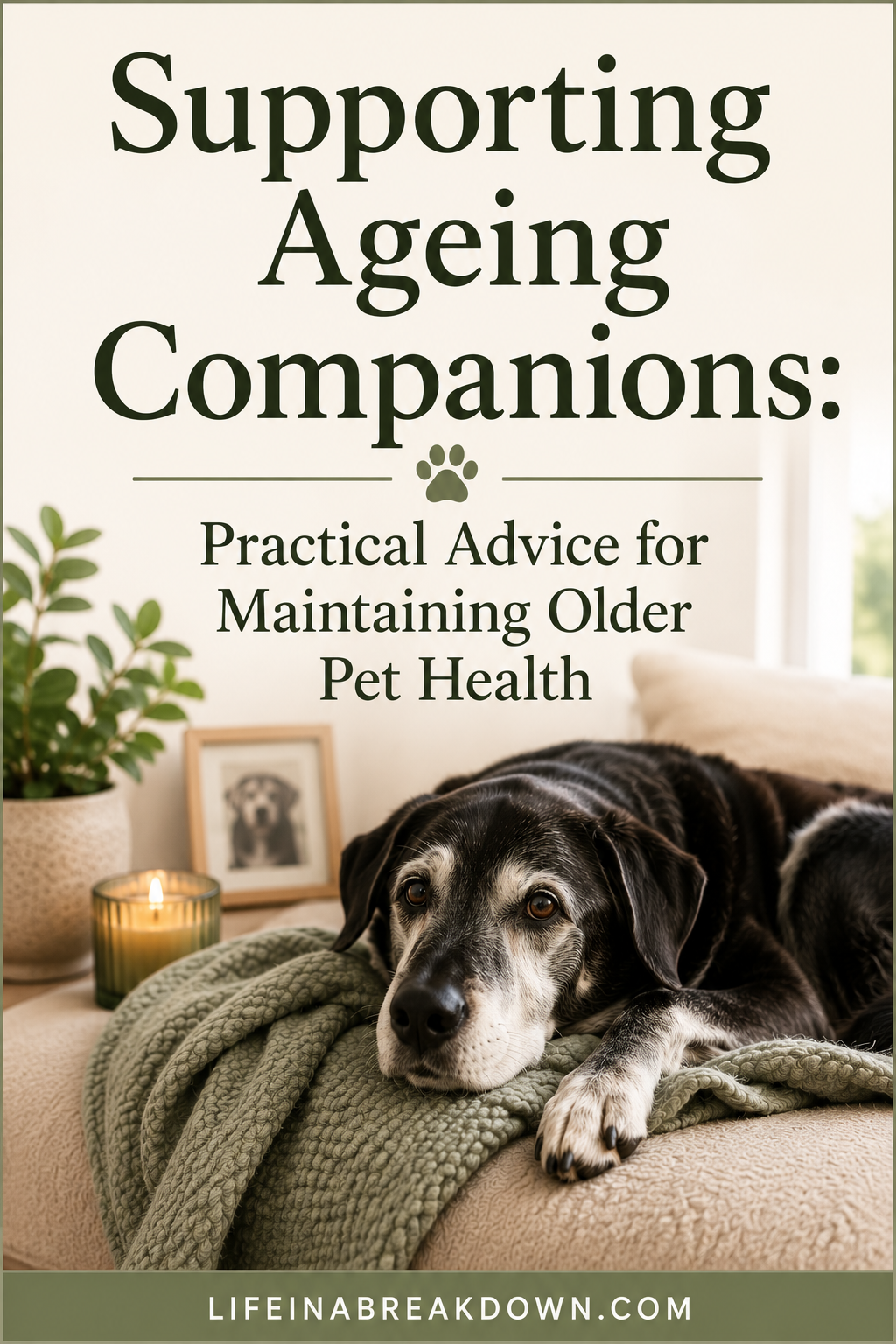 A senior black and grey dog rests on a green blanket atop a sofa, with plants and a candle nearby. Text: Supporting Ageing Companions: Practical Advice for Maintaining Older Pet Health.