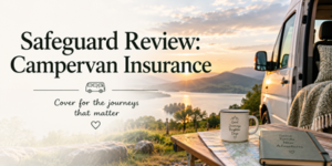 A campervan parked by a scenic lake at sunset, with a mug, book, and blanket on a table. Text reads: Safeguard Review: Campervan Insurance. Cover for the journeys that matter.