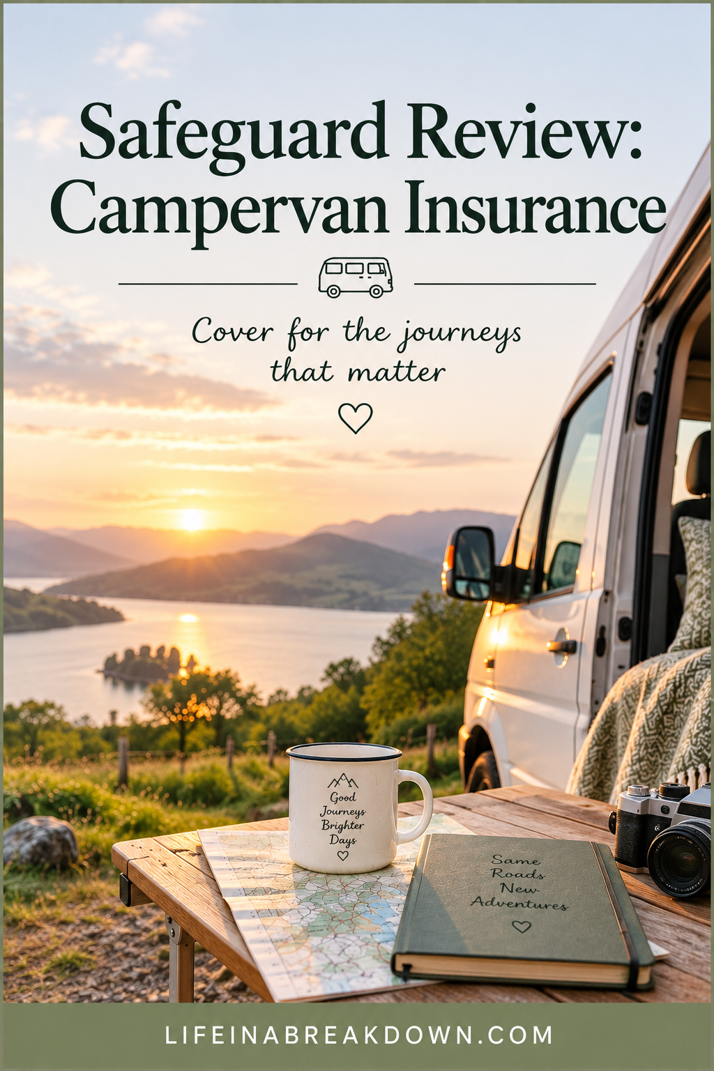 A campervan parked by a scenic lake at sunset, with a table holding a mug and notebook in the foreground. Text promotes campervan insurance for important journeys.