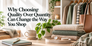 Cosy room with folded jumpers, a mug, plants, and neatly hung clothes. Text reads: Why Choosing Quality Over Quantity Can Change the Way You Shop.