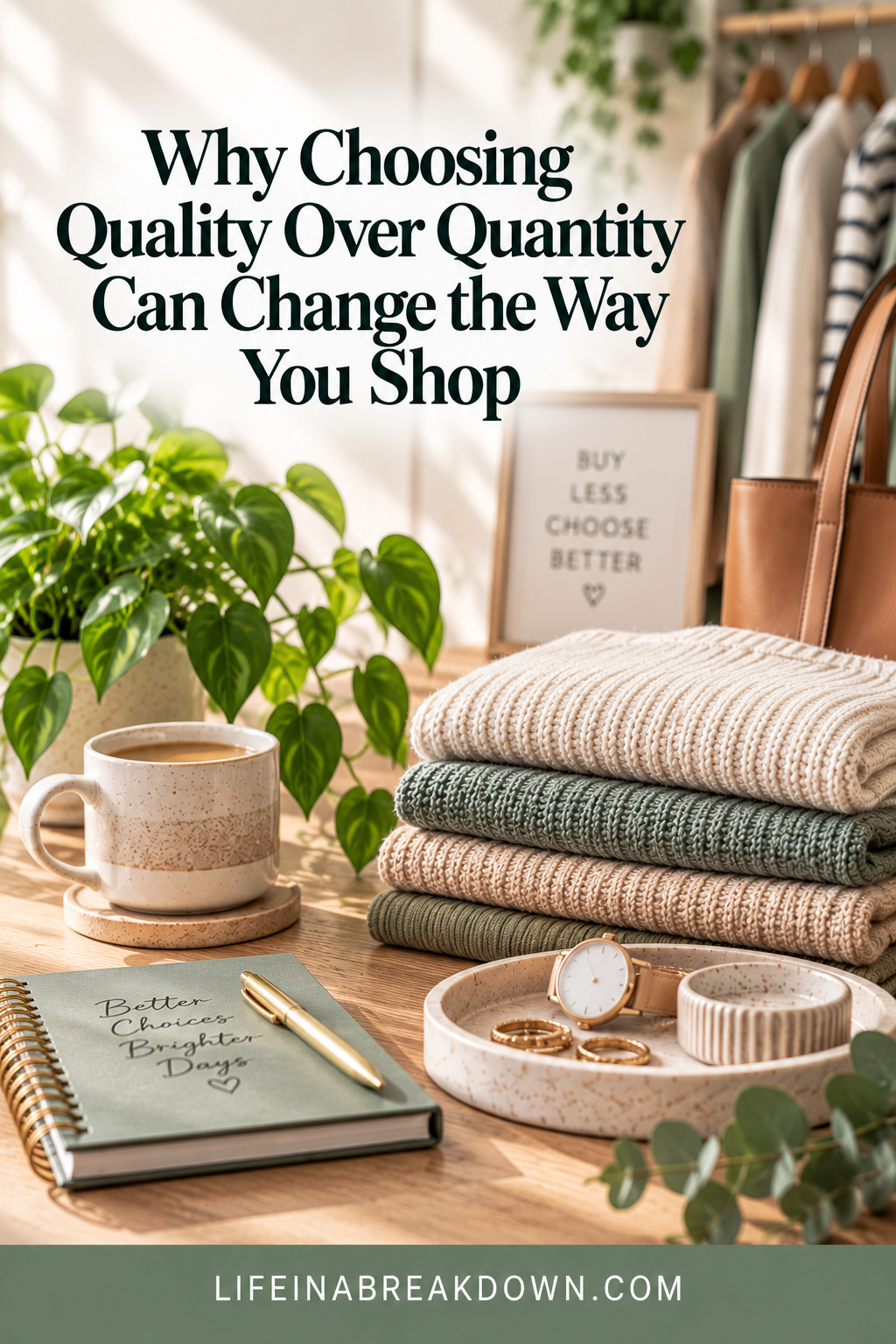 Cosy setup with folded jumpers, a mug, notebook, plants, and a sign reading Buy Less Choose Better. Sunlight streams in, highlighting the theme of thoughtful, quality-focused shopping.