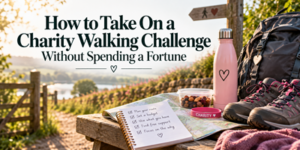 Walking kit, water bottle, trainers, snacks, and a notebook on a bench outdoors with countryside views and a charity signpost, promoting affordable charity walking challenges.