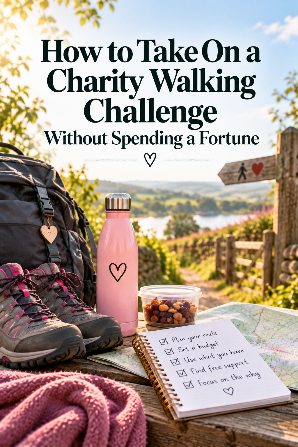 A rucksack, walking boots, pink water bottle, nuts, and a notepad with tips rest on a map outdoors, with a lake and trees in the background. Text reads: How to Take On a Charity Walking Challenge Without Spending a Fortune..