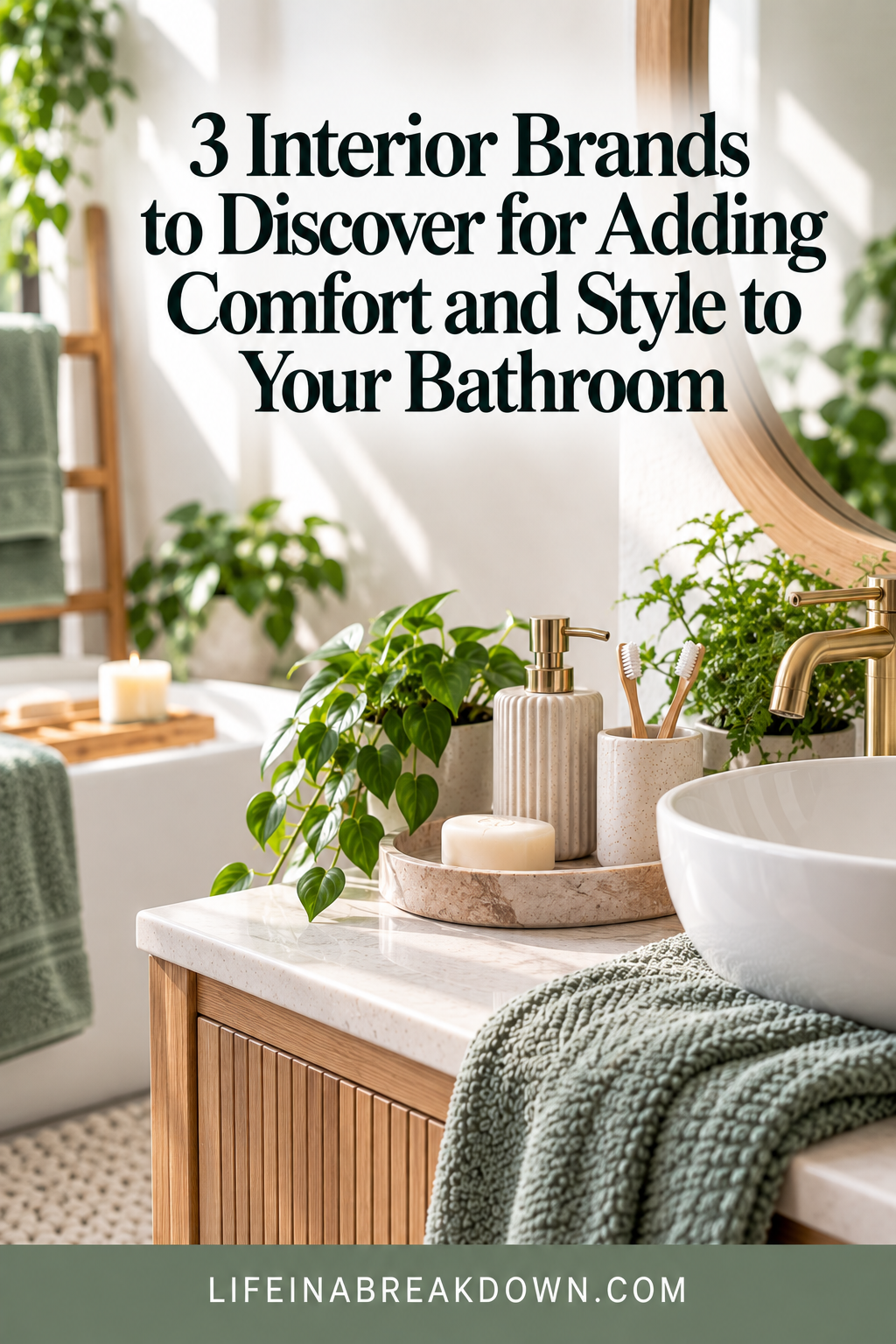 A stylish bathroom with a basin, green towel, plants, and natural décor. Text reads: 3 Interior Brands to Discover for Adding Comfort and Style to Your Bathroom. Website: lifeinabreakdown.com.