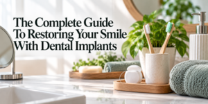 A bathroom counter with toothbrushes in a cup, dental floss, towel, and plants. Text reads: The Complete Guide To Restoring Your Smile With Dental Implants.