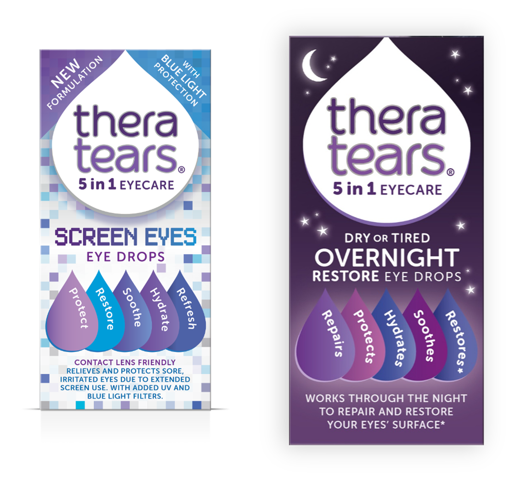 Two TheraTears 5-in-1 eyecare boxes: one for Screen Eyes with a blue pixelated design, and one for Overnight use with a purple night sky design. Both claim to protect, hydrate, and restore eyes.